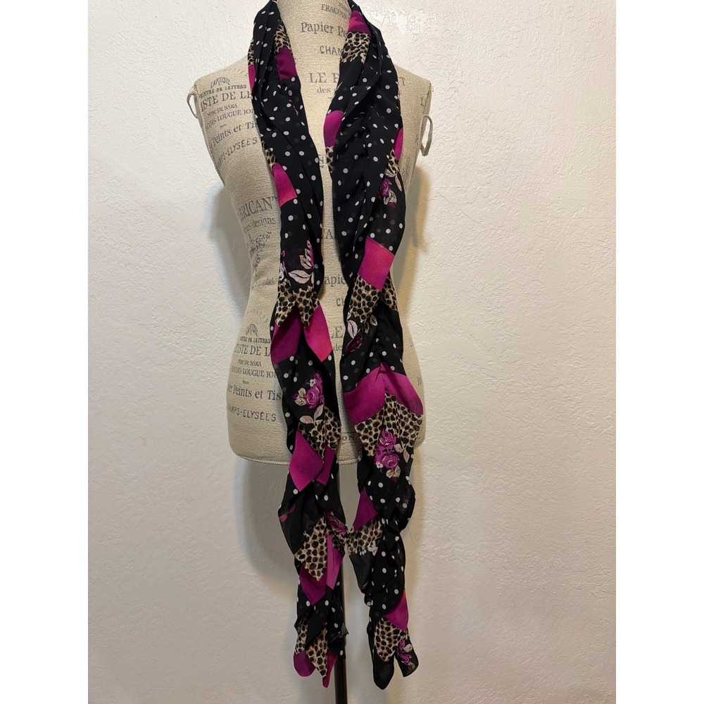 Black Polka Dot Leopard Floral Ruffle Scarf Magenta Pink Mixed Print Lightweight